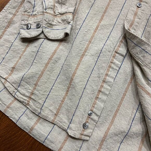 Fieldmaster Vintage Outdoors Linen Blend Button Front Shirt Tan Blue Men's LT - Picture 5 of 8